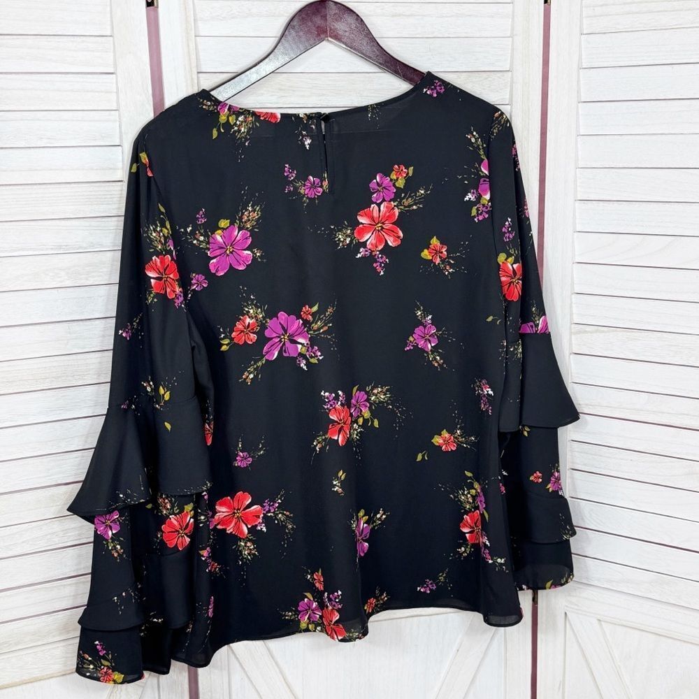 Worthington Boho Floral Blouse Tiered Ruffle‎ Bell Sleeve Black Pink Large - Picture 8 of 12